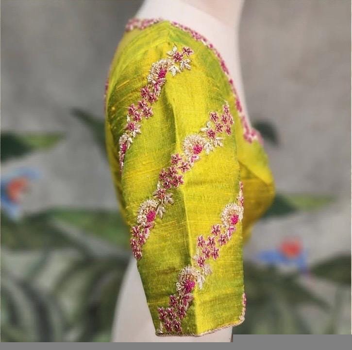 Hand Embroidered Zardosi Silk Blouse: Mehendi Green, Deep Neck blouse,mehendi green maggam blouse,mix and match blouse,plus size blouse usa