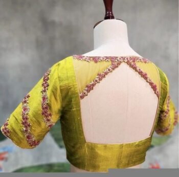 Hand Embroidered Zardosi Silk Blouse: Mehendi Green, Deep Neck blouse,mehendi green maggam blouse,mix and match blouse,plus size blouse