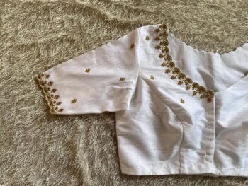 Hand Embroidered Zardosi Silk Blouse: Cream Saree Top, V-Neck
