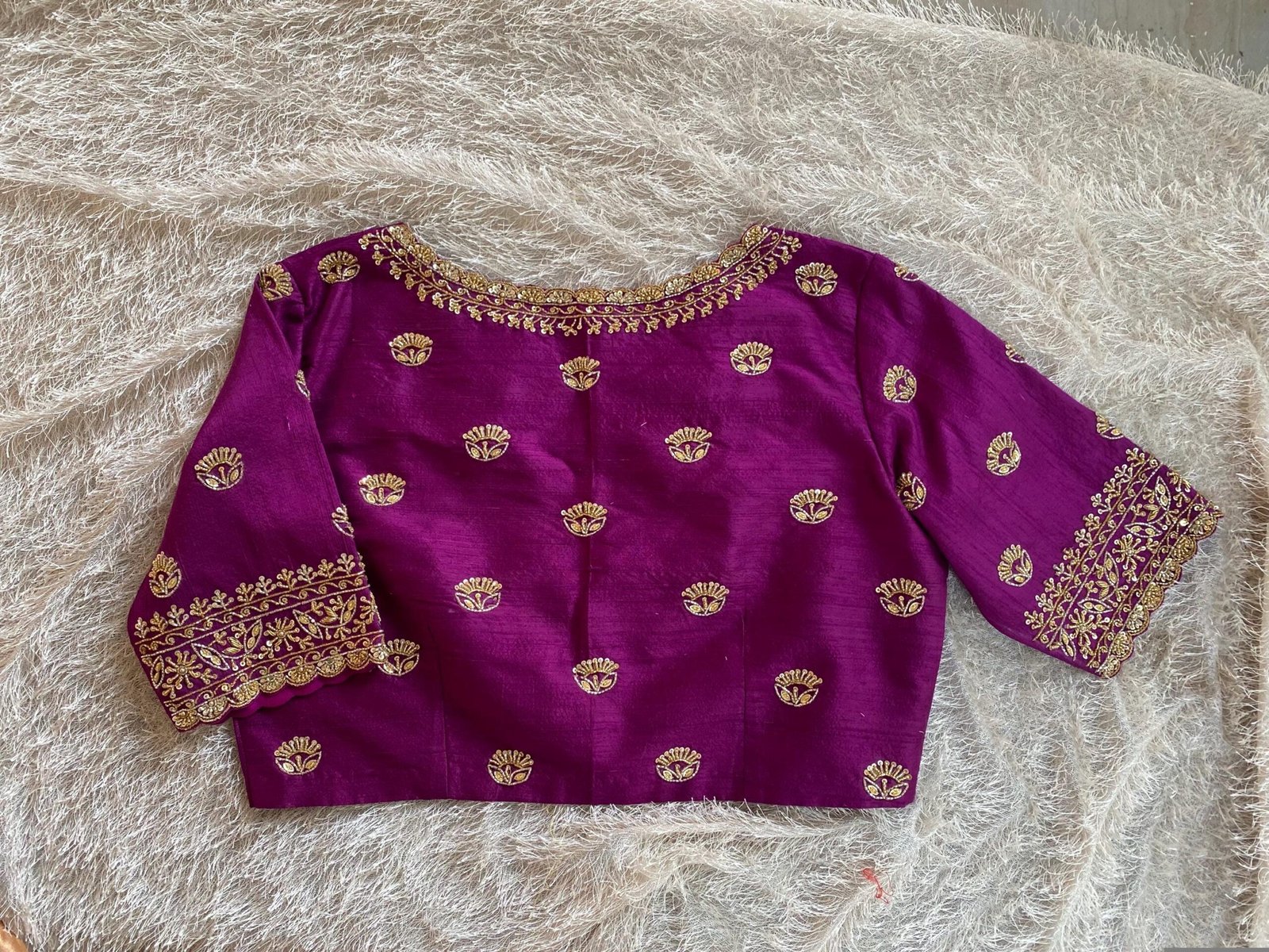 Hand Embroidered Plum Silk Blouse: Zardosi Saree Blouse, Elbow Sleeves