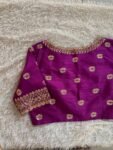 Hand Embroidered Plum Silk Blouse: Zardosi Saree Blouse, Elbow Sleeves