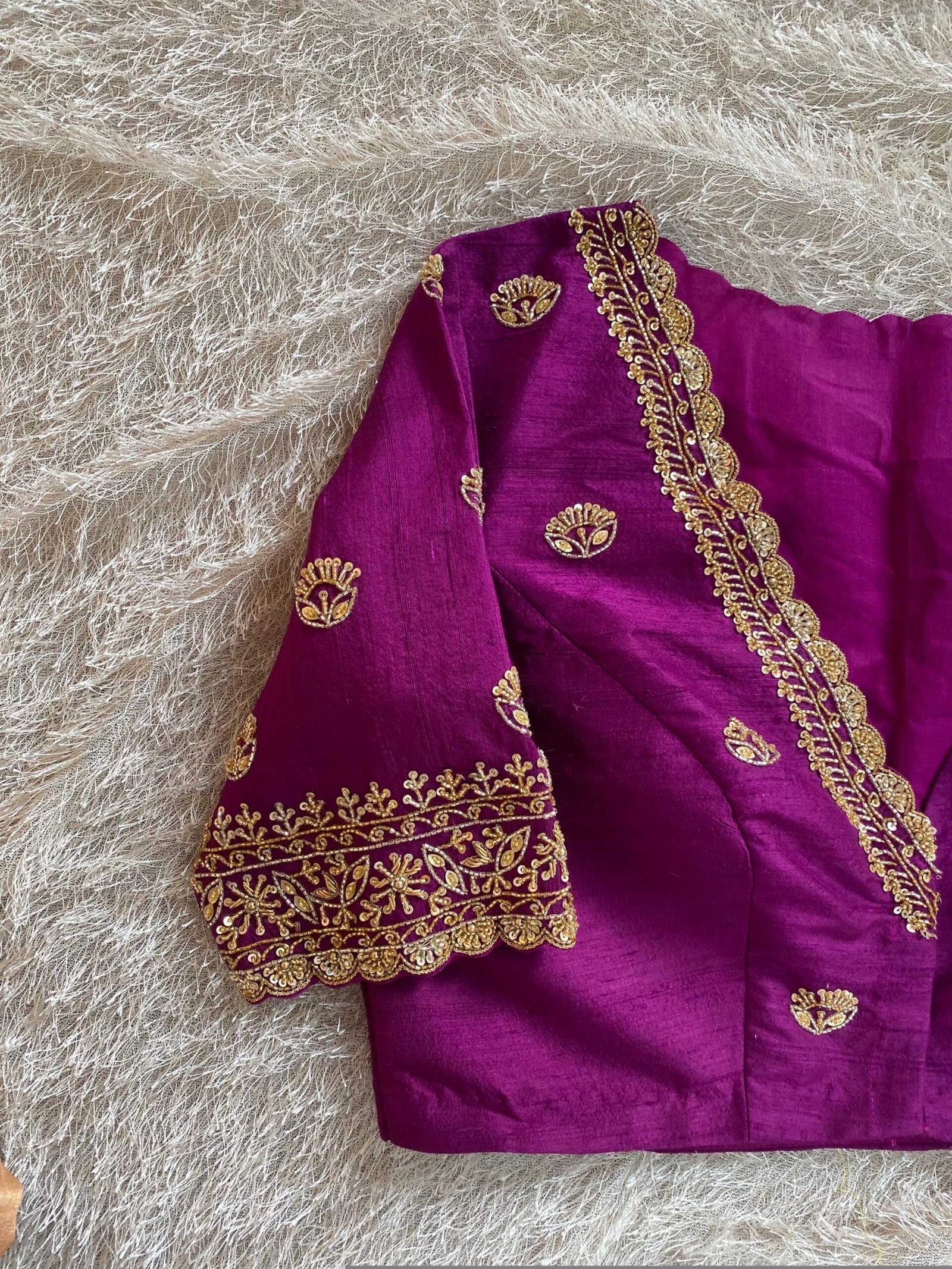 Hand Embroidered Plum Silk Blouse: Zardosi Saree Blouse, Elbow Sleeves