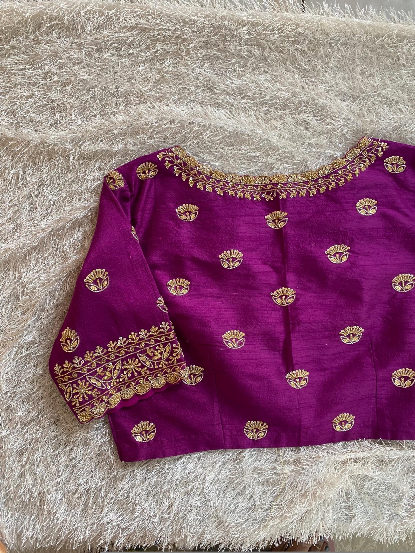 Hand Embroidered Plum Silk Blouse: Zardosi Saree Blouse, Elbow Sleeves