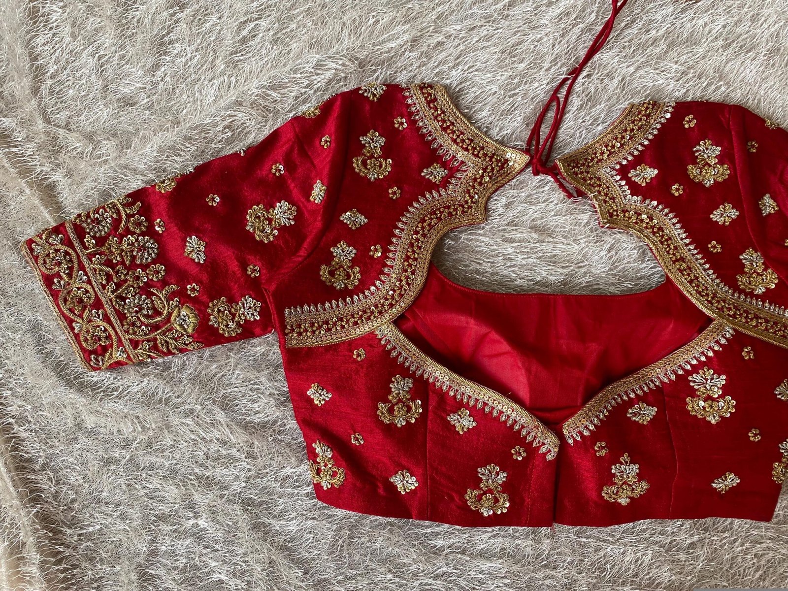 Red Silk Bridal Blouse: Heavy Zardosi Hand Embroidery, Elbow Sleeves