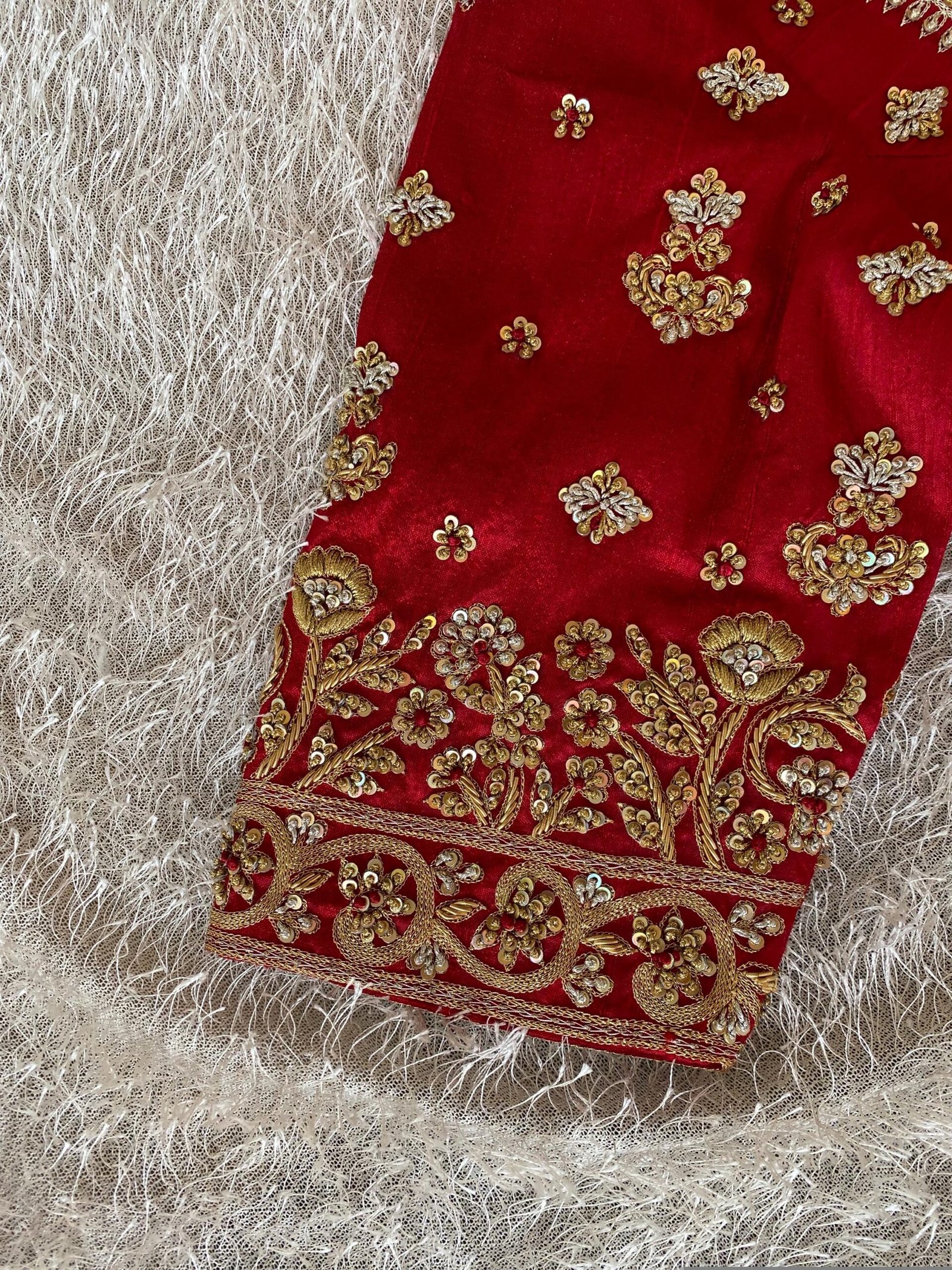 Red Silk Bridal Blouse: Heavy Zardosi Hand Embroidery, Elbow Sleeves