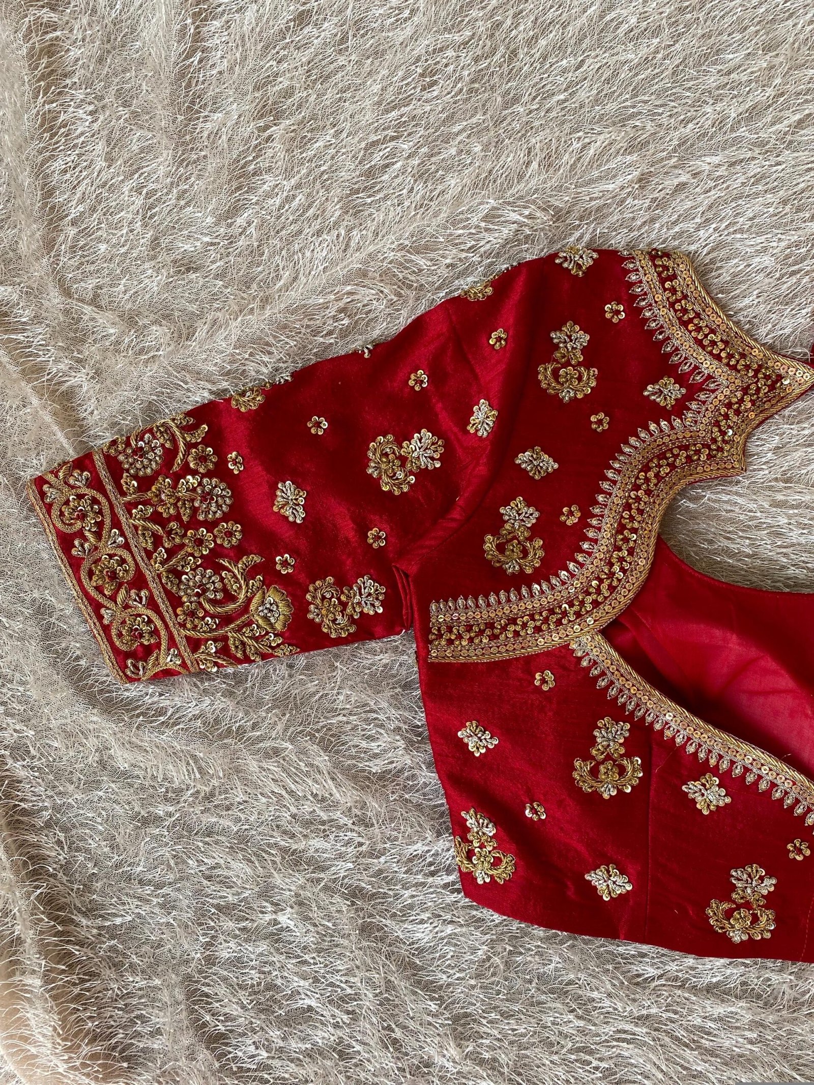 Red Silk Bridal Blouse: Heavy Zardosi Hand Embroidery, Elbow Sleeves