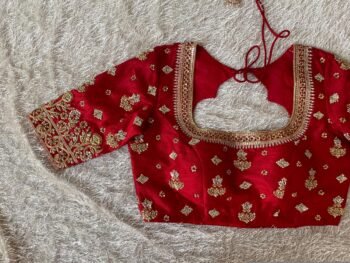 Red Silk Bridal Blouse: Heavy Zardosi Hand Embroidery, Elbow Sleeves