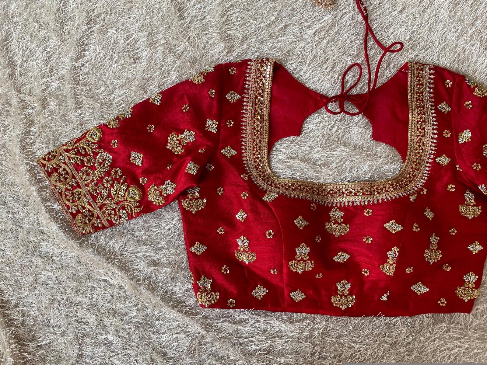 Red Silk Bridal Blouse: Heavy Zardosi Hand Embroidery, Elbow Sleeves