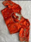Hand Embroidered Zardosi Silk Blouse: Orange Maggam Work, Elbow Sleeve,Orange maggam blouse,hand work blouse,mix and match blouse,plus size