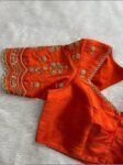 Hand Embroidered Zardosi Silk Blouse: Orange Maggam Work, Elbow Sleeve,Orange maggam blouse,hand work blouse,mix and match blouse,plus size