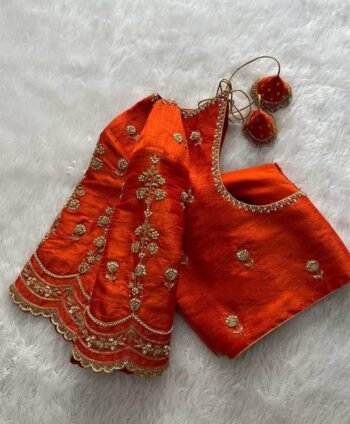 Hand Embroidered Zardosi Silk Blouse: Orange Maggam Work, Elbow Sleeve,Orange maggam blouse,hand work blouse,mix and match blouse,plus size