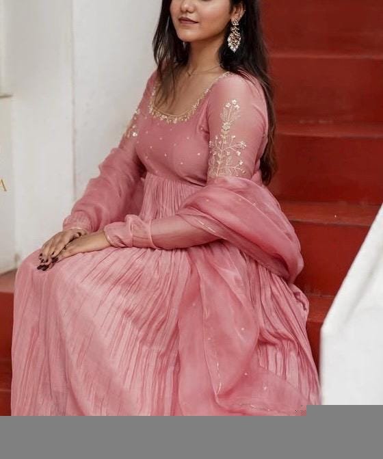 Hand Embroidered Pink Chanderi Silk Anarkali Suit with Kota Dupatta