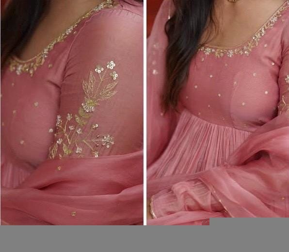 Hand Embroidered Pink Chanderi Silk Anarkali Suit with Kota Dupatta