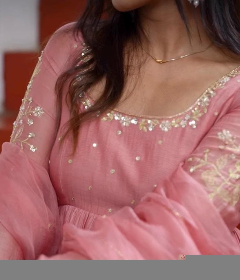 Hand Embroidered Pink Chanderi Silk Anarkali Suit with Kota Dupatta