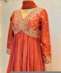 Hand Embroidered Orange Anarkali Suit Set: Chanderi Silk Dress with Dupatta