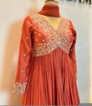 Hand Embroidered Orange Anarkali Suit Set: Chanderi Silk Dress with Dupatta