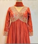 Hand Embroidered Orange Anarkali Suit Set: Chanderi Silk Dress with Dupatta