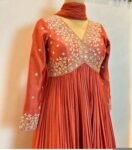 Hand Embroidered Orange Anarkali Suit Set: Chanderi Silk Dress with Dupatta