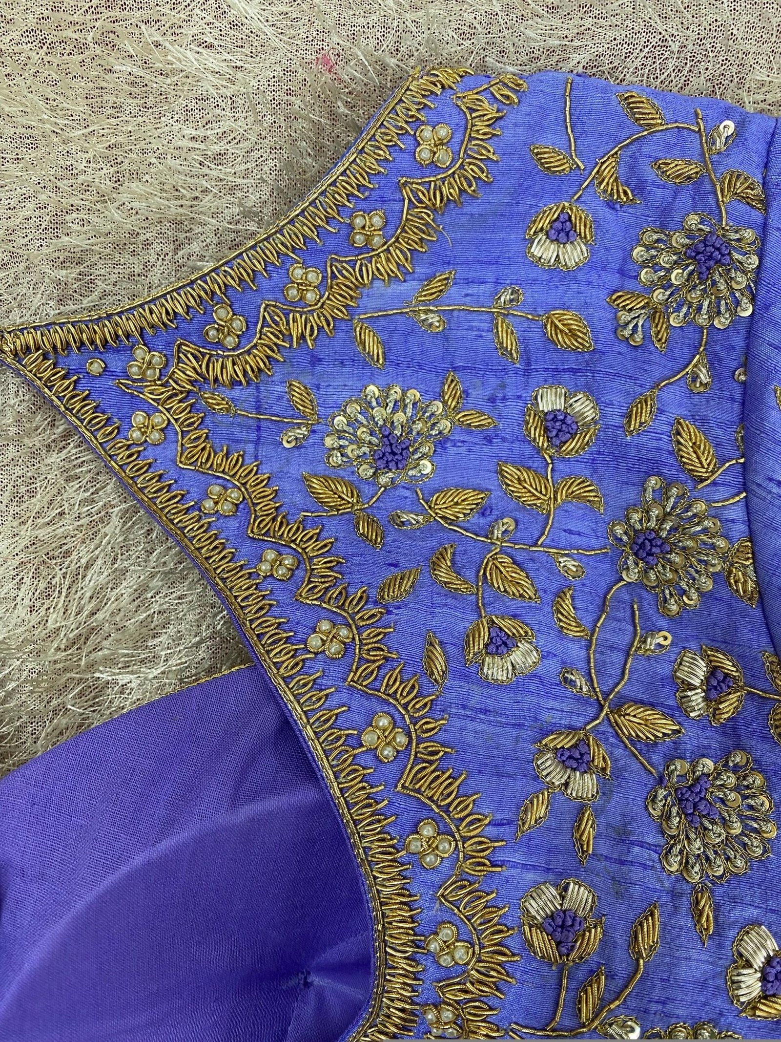 Lavender Silk Bridal Blouse: Hand Embroidered Zardosi Maggam Work