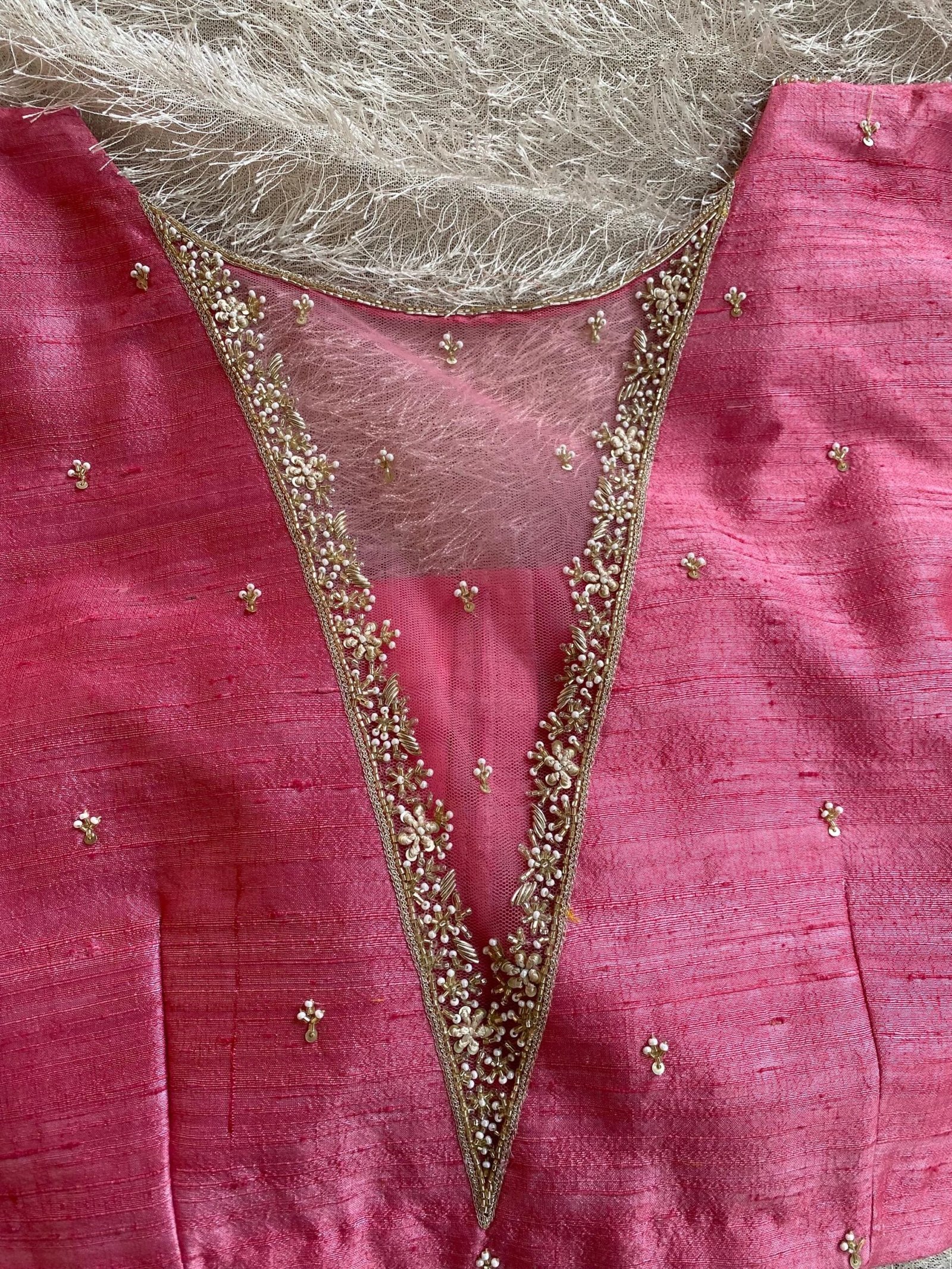 Hand Embroidered Silk Zardosi Blouse: Pink Maggam Work, Elbow Sleeves