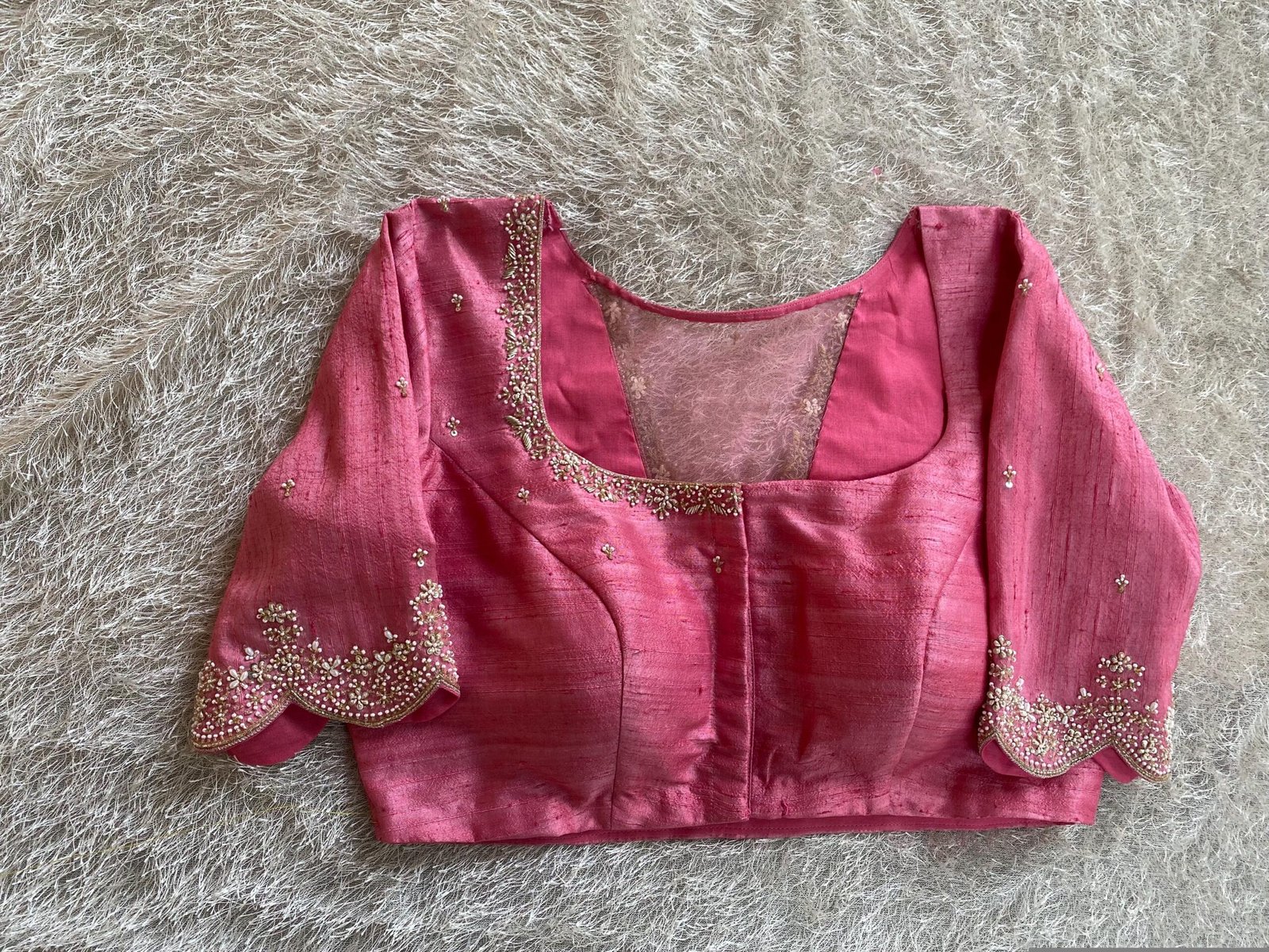 Hand Embroidered Silk Zardosi Blouse: Pink Maggam Work, Elbow Sleeves