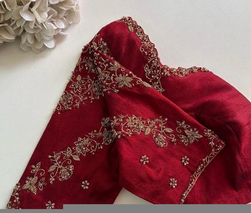 Hand Embroidered Zardosi Silk Blouse: Red Bridal Wedding Top
