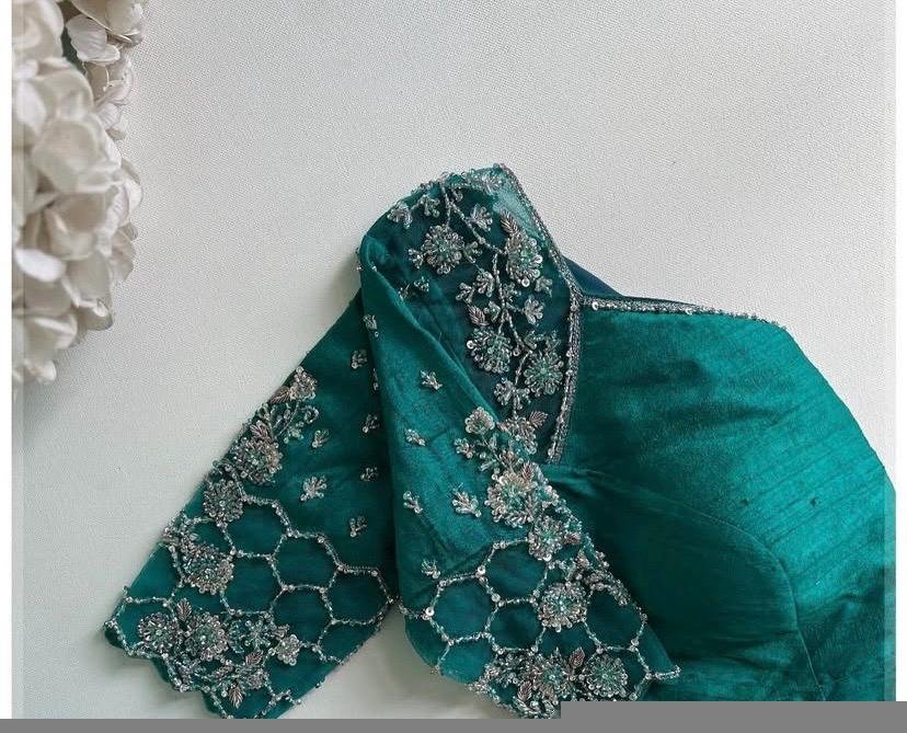 Hand Embroidered Silk Saree Blouse: Zardosi Maggam Work, Sea Green
