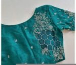 Hand Embroidered Silk Saree Blouse: Zardosi Maggam Work, Sea Green