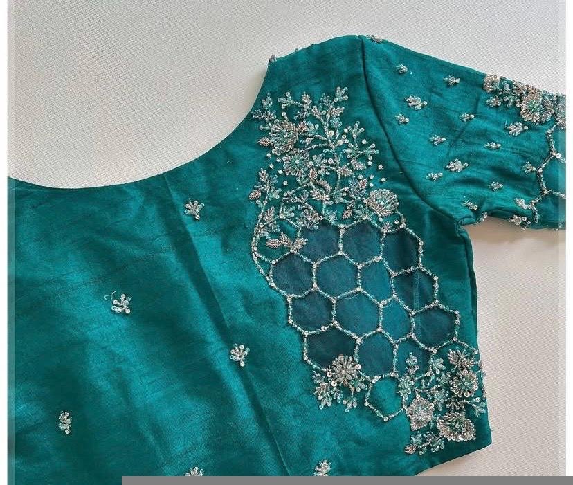 Hand Embroidered Silk Saree Blouse: Zardosi Maggam Work, Sea Green