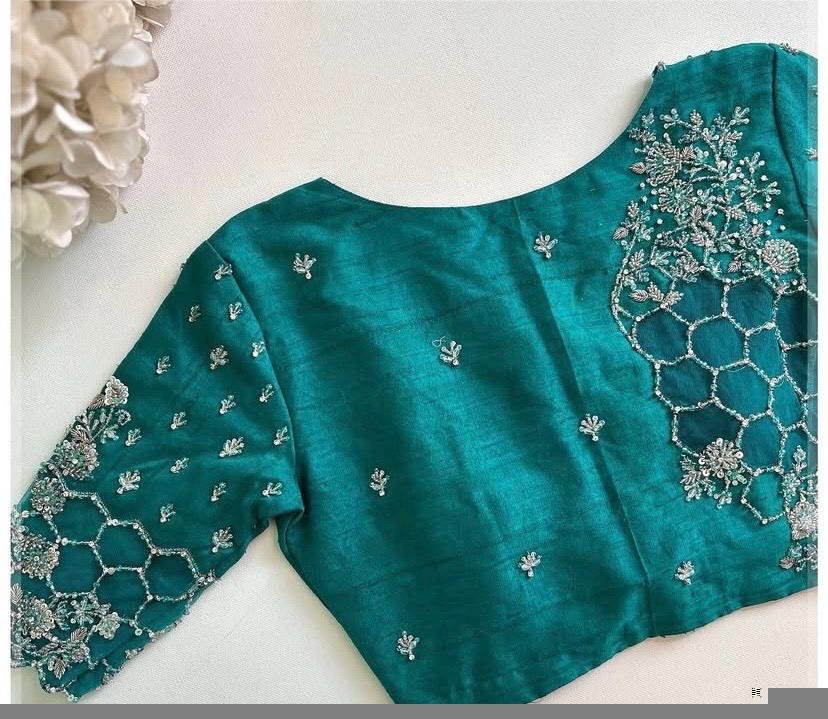 Hand Embroidered Silk Saree Blouse: Zardosi Maggam Work, Sea Green