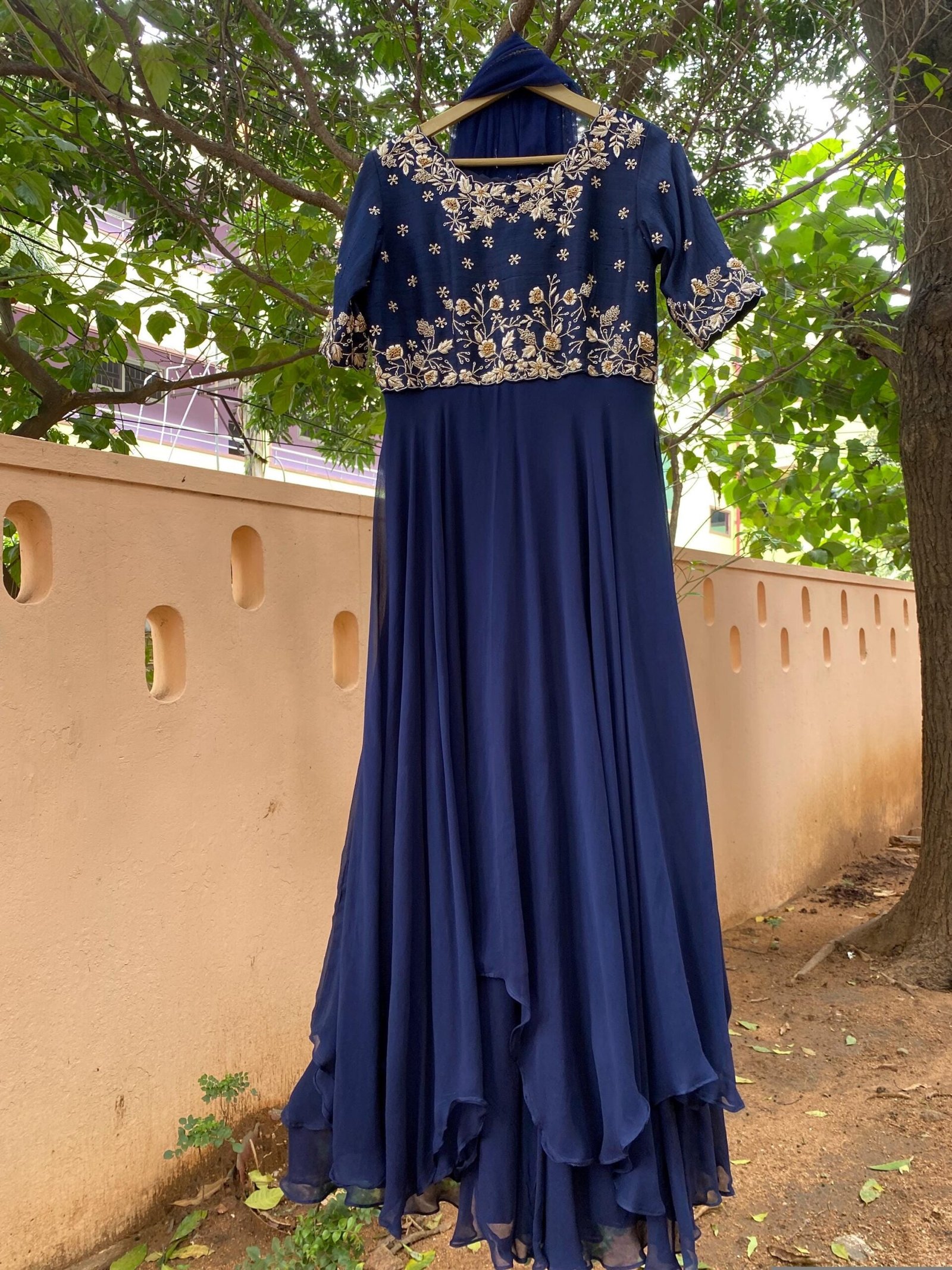 Navy Blue Zardosi Anarkali Suit: Hand Embroidered Raw Silk Indian Dress