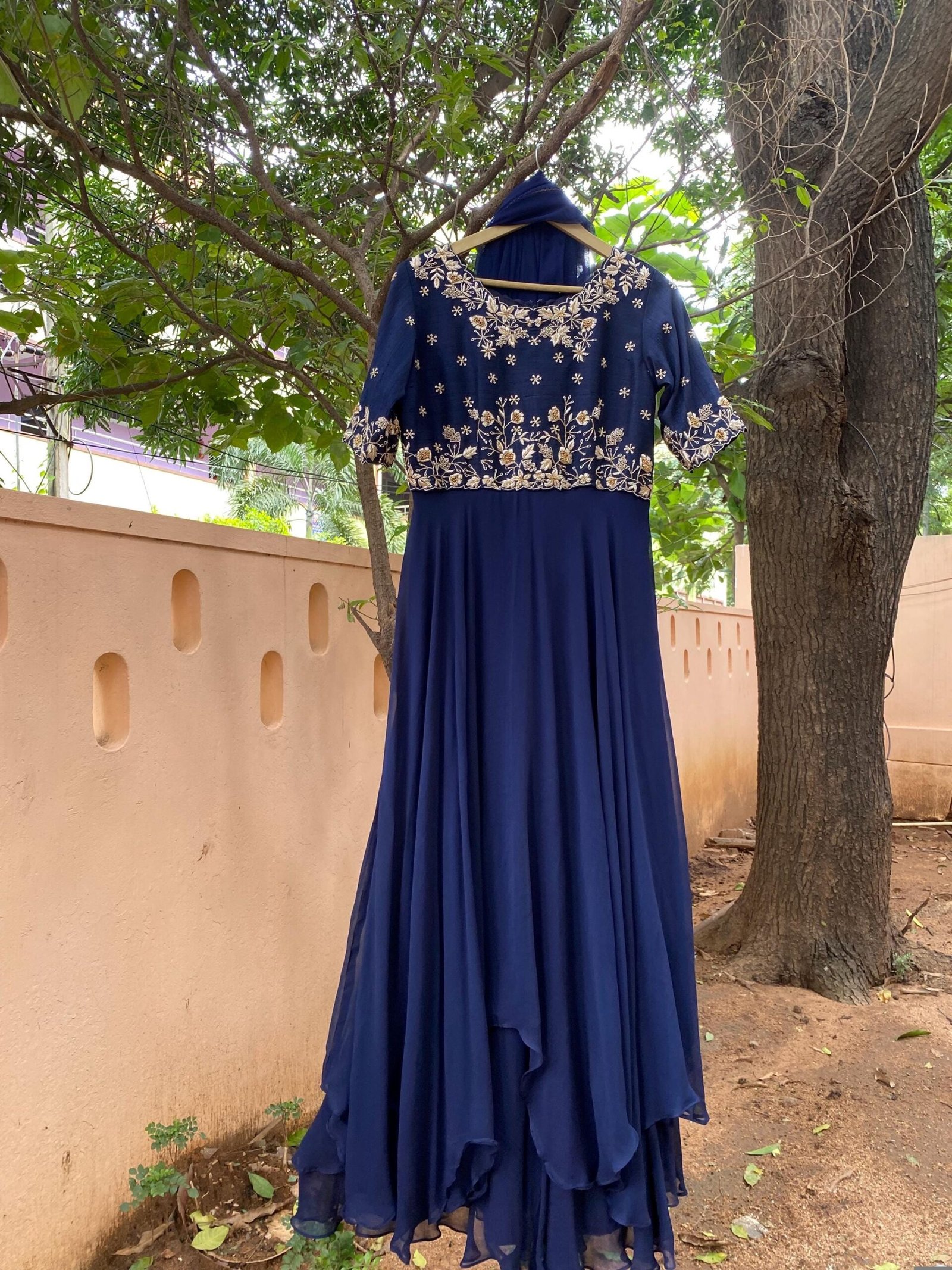 Navy Blue Zardosi Anarkali Suit: Hand Embroidered Raw Silk Indian Dress