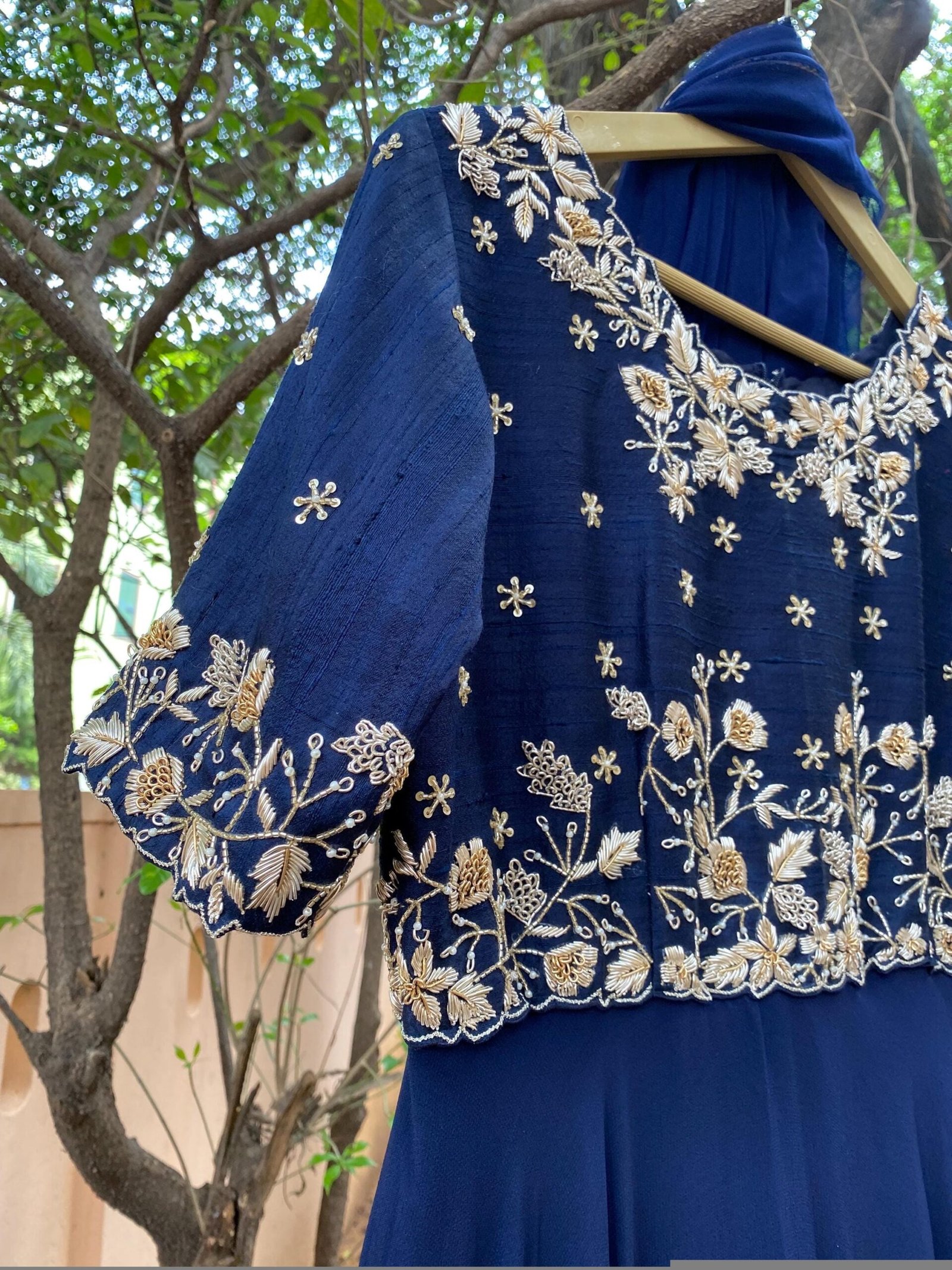 Navy Blue Zardosi Anarkali Suit: Hand Embroidered Raw Silk Indian Dress