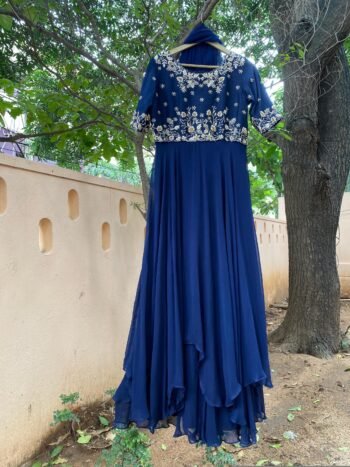 Navy Blue Zardosi Anarkali Suit: Hand Embroidered Raw Silk Indian Dress