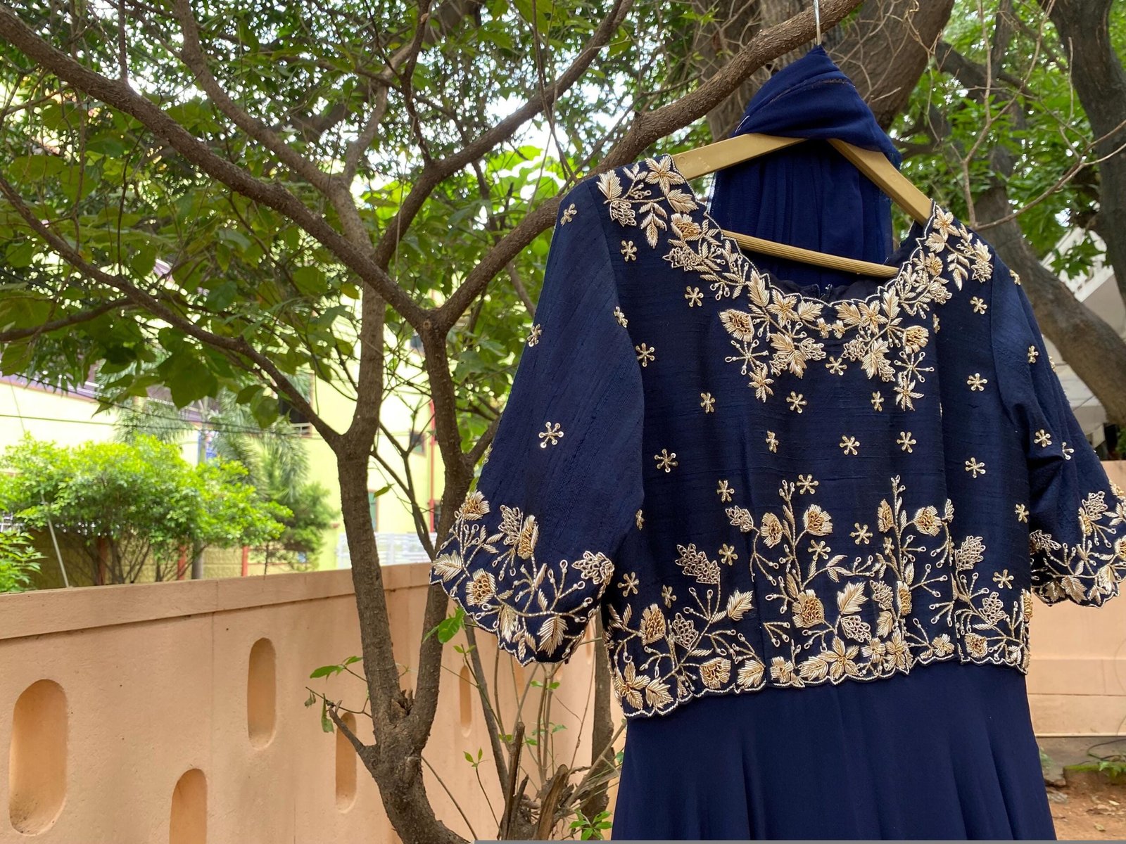 Navy Blue Zardosi Anarkali Suit: Hand Embroidered Raw Silk Indian Dress