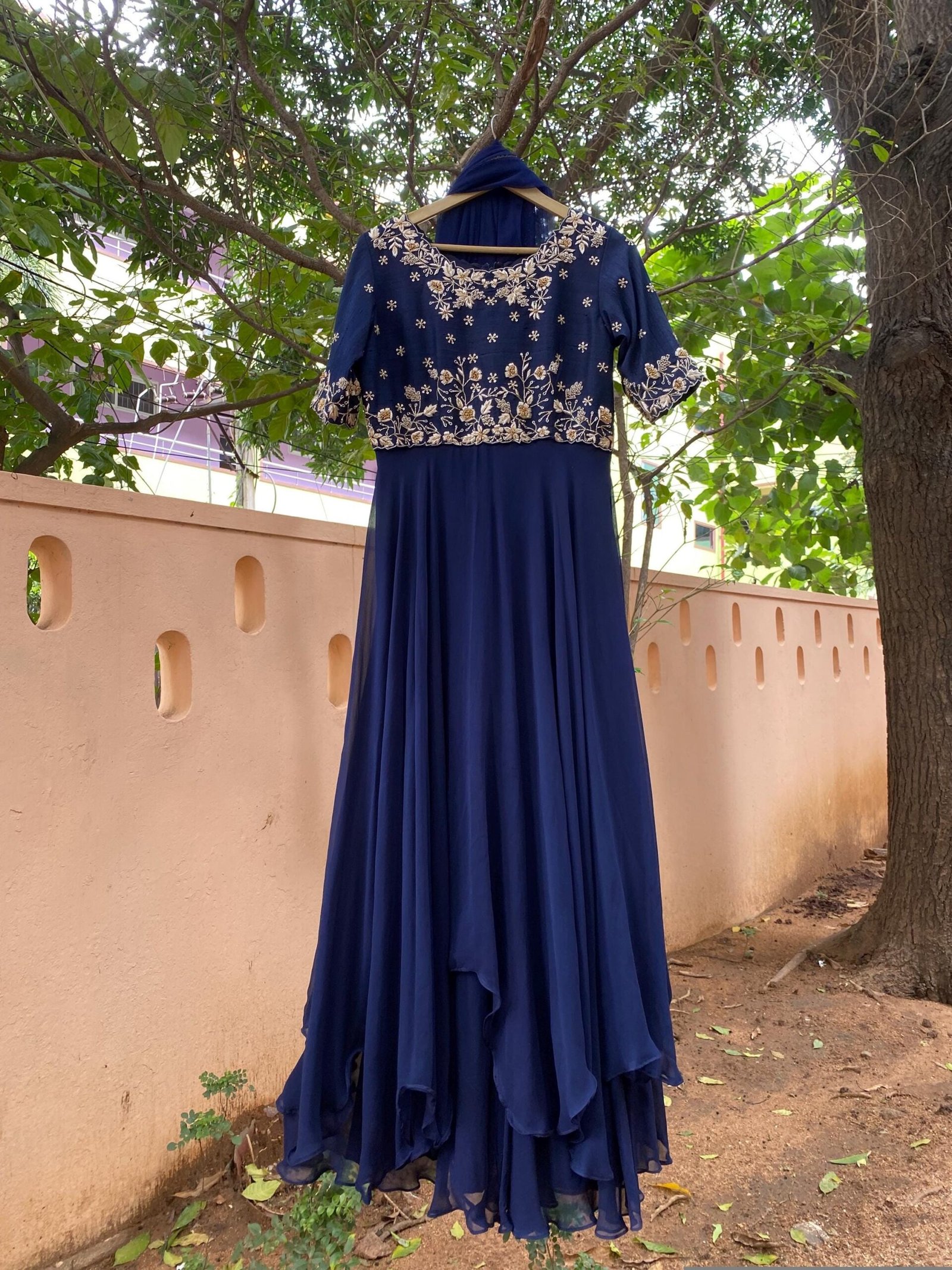 Navy Blue Zardosi Anarkali Suit: Hand Embroidered Raw Silk Indian Dress