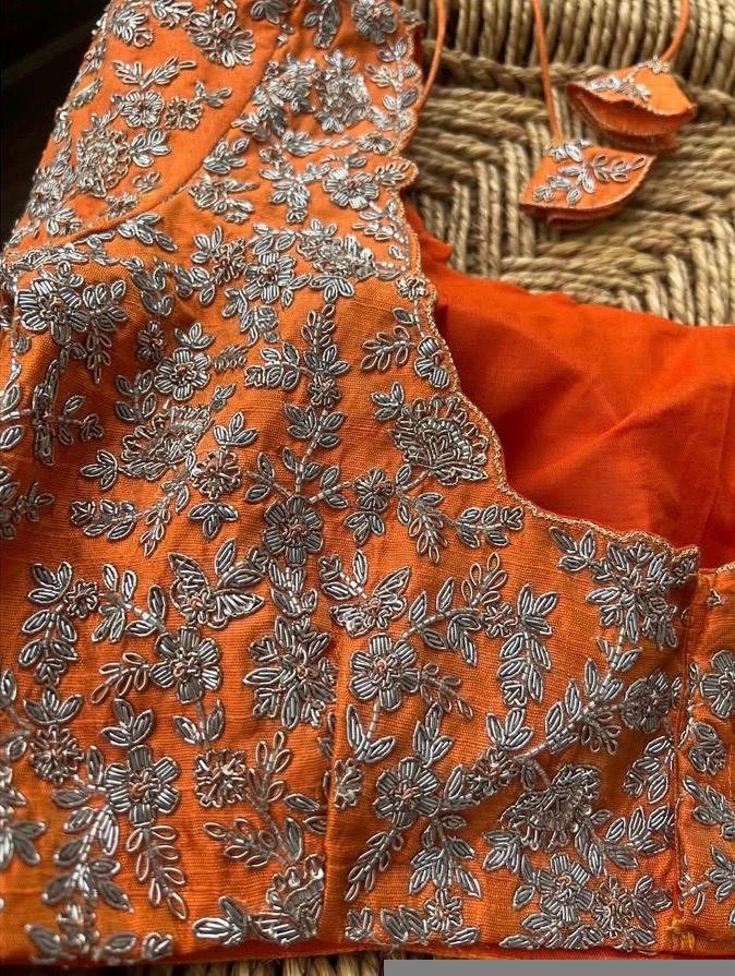 Hand Embroidered Silk Bridal Blouse: Orange Zardosi Wedding Top