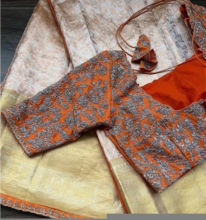 Hand Embroidered Silk Bridal Blouse: Orange Zardosi Wedding Top