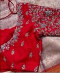 Red Silk Hand Embroidered Saree Blouse: Zardosi Maggam Work