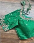 Green Silk Hand Embroidered Saree Blouse: Zardosi Maggam Work