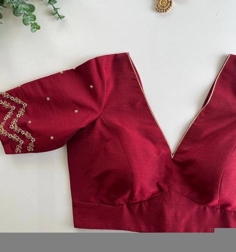 Hand Embroidered Zardosi Silk Blouse: Maroon Red Maggam Work