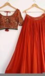 Orange Hand-Embroidered Lehenga Set: Indian Wedding Party Dress