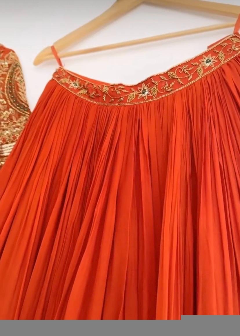 Orange Hand-Embroidered Lehenga Set: Indian Wedding Party Dress