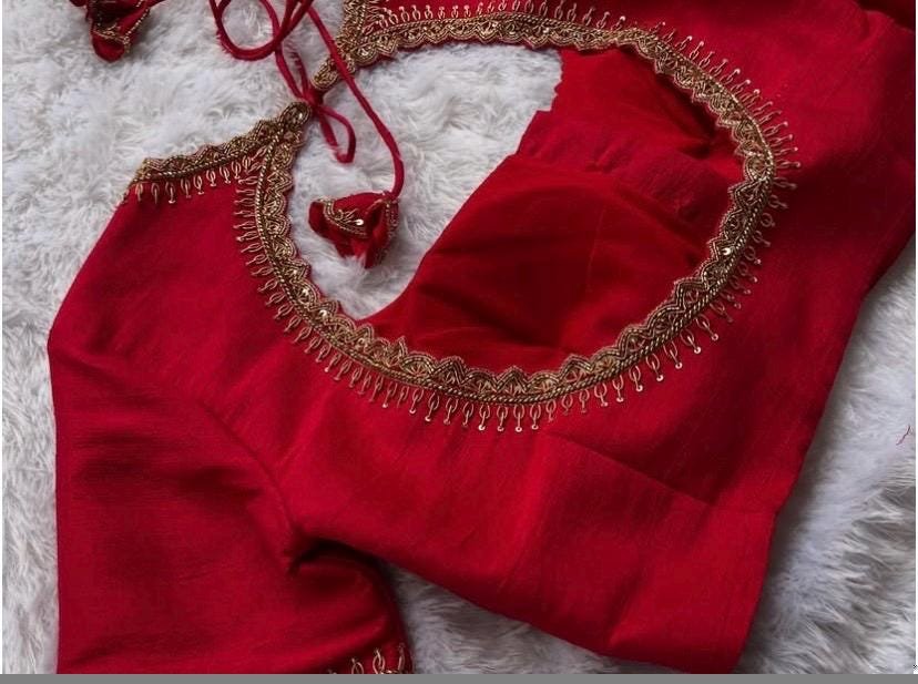 Red Silk Hand Embroidered Zardosi Blouse: Maggam Work, Elbow Sleeves