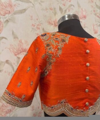Hand Embroidered Zardosi Silk Blouse: Orange Saree Top, V-Neck