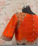 Hand Embroidered Zardosi Silk Blouse: Orange Saree Top, V-Neck