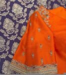 Hand Embroidered Zardosi Silk Blouse: Orange Saree Top, V-Neck