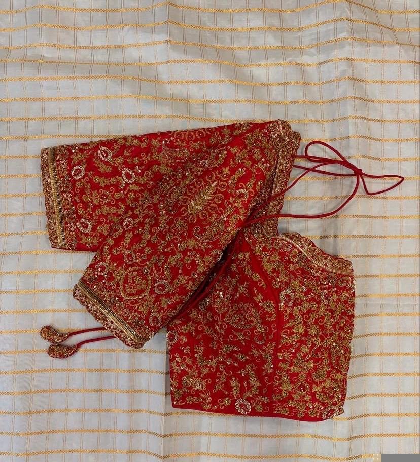 Red Silk Bridal Blouse: Hand Embroidered Zardosi Wedding Crop Top