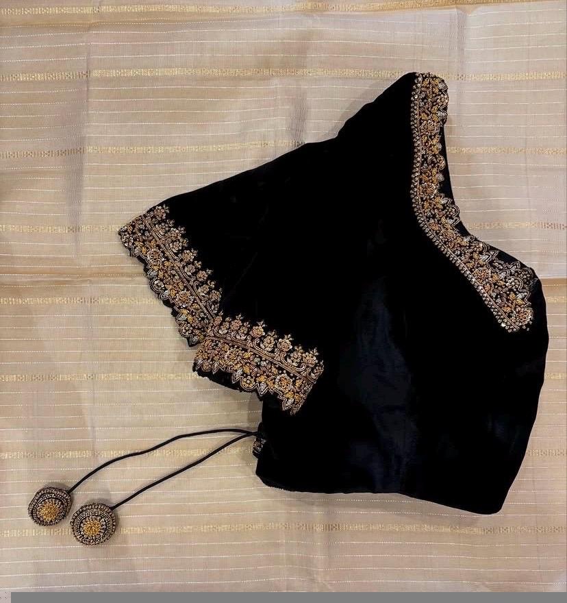 Black Velvet Zardosi Embroidered Saree Blouse - V-Neck, Elbow Sleeves