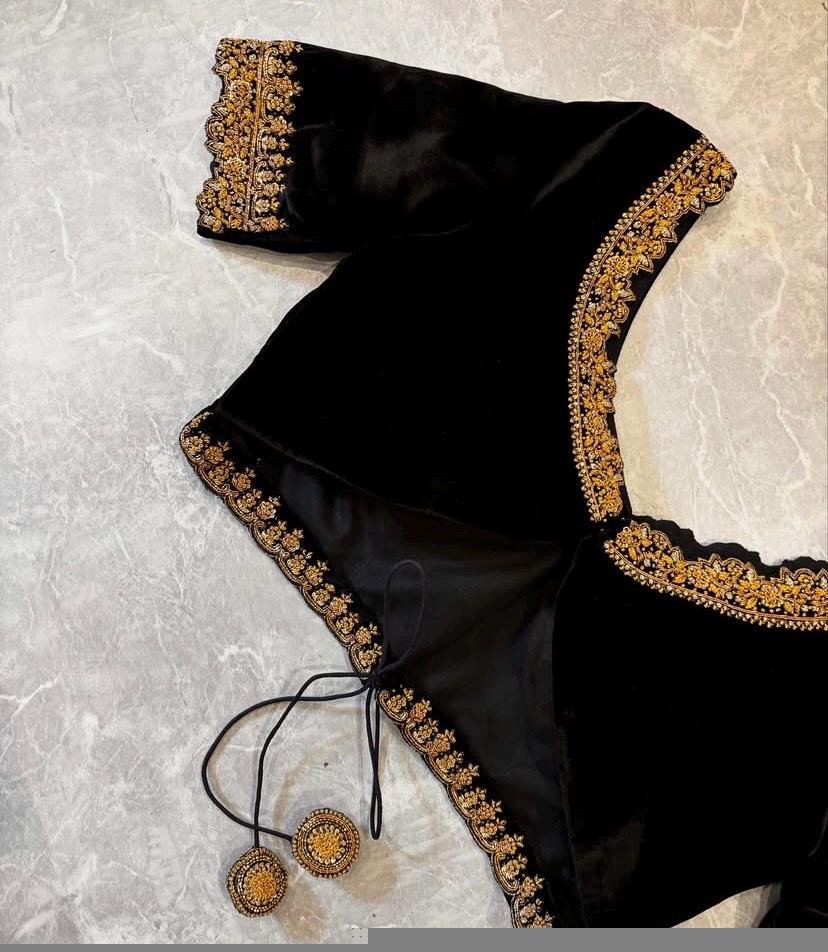 Black Velvet Zardosi Embroidered Saree Blouse - V-Neck, Elbow Sleeves